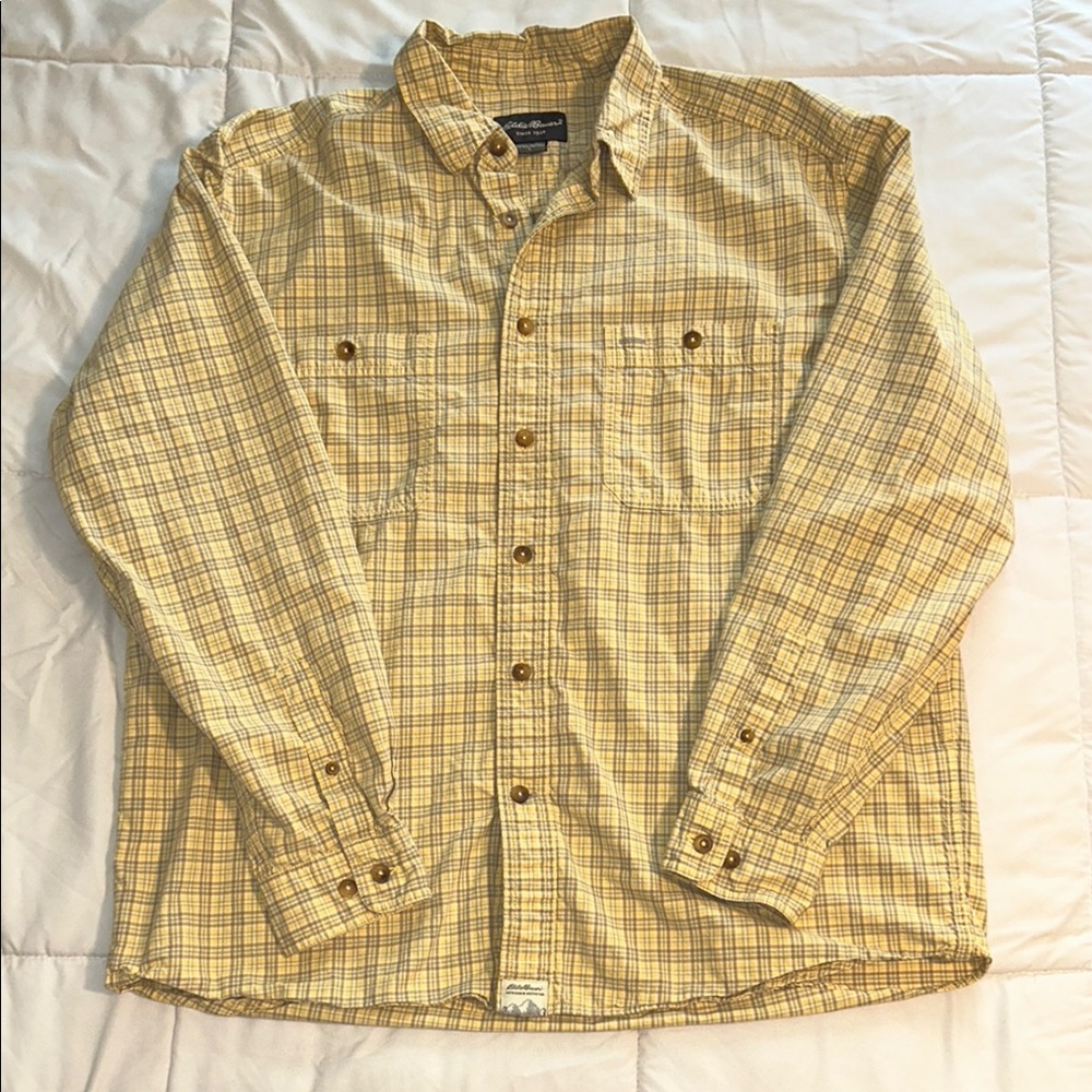 Eddie Bauer Button Up Men's Size L Yellow & Gray Long Sleeve